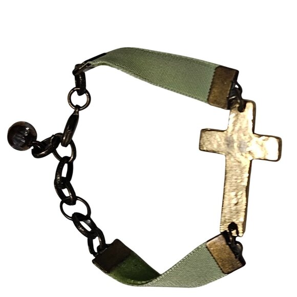 Gold Cross Bracelet Green Ribbon Chain Adjustable Length Antique Finish Jewelry - Picture 1 of 6
